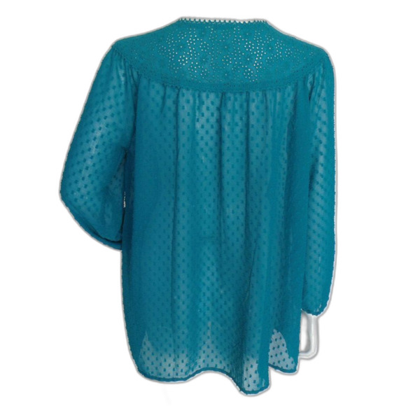 MATILDA JANE Tunic, L, Teal, Swiss Dots, Eyelet Yoke, Long sleeves, Tie neck - Picture 4 of 15
